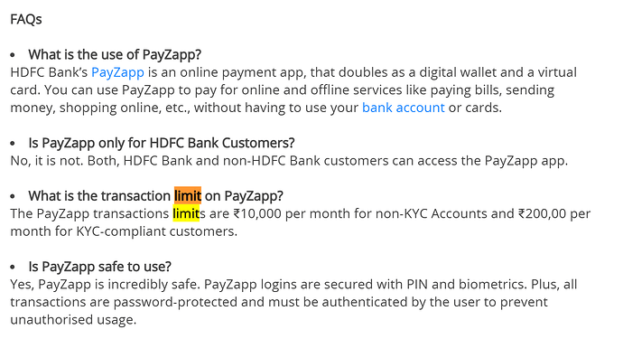 Payzapp Limit on HDFC website